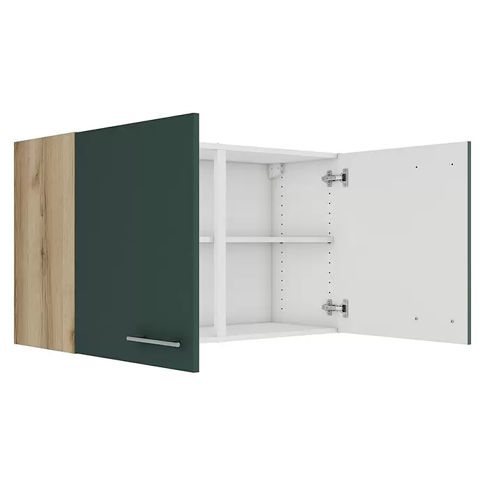 Optifit Savona405 Hängeschrank - 34,6 x 100 x 57,6 cm, Steingrün - Offener Küchenoberschrank mit dunkelgrüner und Holzdekor-Tür, weißem Innenraum und verstellbaren Einlegeböden.
