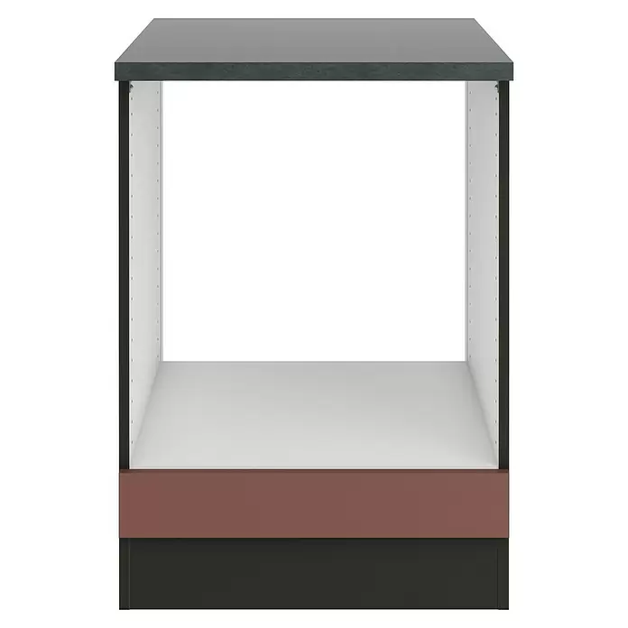 Optifit Nizza407 Herdumbauschrank - B x T x H: 60 x 60 x 84,8 cm, Rostrot - Küchenunterschrankrahmen mit dunkelgrauer Arbeitsplatte, weißem Innenraum, brauner Blende und dunkelgrauem Sockel.