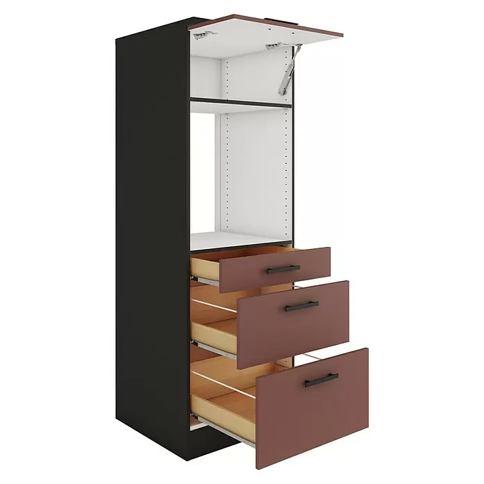 Optifit Nizza407 Küchen-Midischrank - 60 x 60 x 174,4 cm, Rostrot, Für Backofen mit 1 Klappe, 1 Schubkasten und 1 Tür - Hoher dunkelgrauer Schrank mit weißem Innenraum, offener Obertür und drei teilweise geöffneten braunen Schubladen mit schwarzen Griffen und hellem Holz.