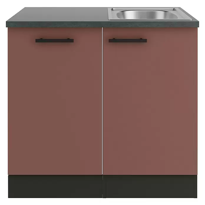 Optifit Nizza407 Spülenunterschrank - 60 x 90 x 84,8 cm, Rostrot, Mit Blende 45 cm für vollintegrierten Geschirrspüler - Zweitüriger brauner Küchenspülschrank mit dunkelgrauer Arbeitsplatte, integrierter Spüle und schwarzen Griffen.
