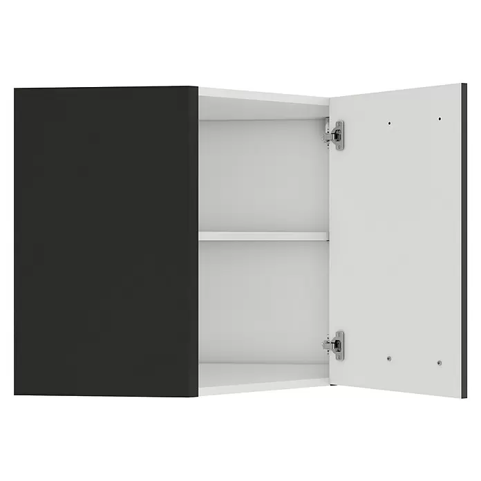 Optifit OPTIkult Küchen-Eck-Hängeschrank Rimini409 - 34,6 x 60 x 57,6 cm, Rillendekor Nussbaum - Offener Hängeschrank mit einer dunkelgrauen geschlossenen Tür und einer weißen offenen Tür, die zwei weiße Einlegeböden zeigt.