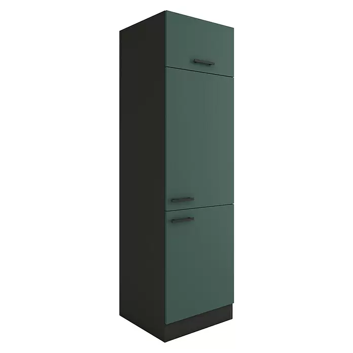 Optifit Verona405 Geräteumbauschrank - 60 x 60 x 206,8 cm, Steingrün, Mit 1 Klappe und 2 Türen mit Nische für Kühlschrank 88 cm - Hoher, dunkelgrüner Schrank mit drei Abschnitten und schwarzen Stangengriffen, mit dunkelgrauer Seitenwand.