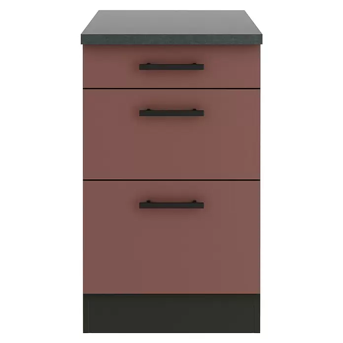 Optifit Nizza407 Unterschrank - 60 x 50 x 84,8 cm, Rostrot, Mit 1 Schubkasten und 2 Auszügen - Rötlichbrauner Küchenunterschrank mit drei Schubladen, schwarzen Griffen und dunkler Arbeitsplatte.