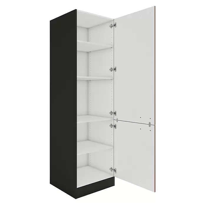 Optifit Nizza407 Küchen-Hochschrank - 60 x 60 x 206,8 cm, Rostrot - Hoher schwarzer Schrank mit offener weißer Tür, die mehrere verstellbare Regalböden im Inneren zeigt.
