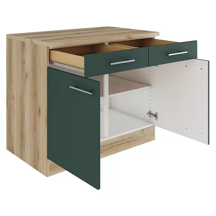 Optifit Savona405 Unterschrank - 60 x 100 x 84,8 cm, Steingrün, Mit 2 Schubkästen und 2 Türen - Kommode in heller Holzoptik mit dunkelgrünen Schubladen- und Türfronten. Eine Schublade ist geöffnet, die Türen sind geöffnet.