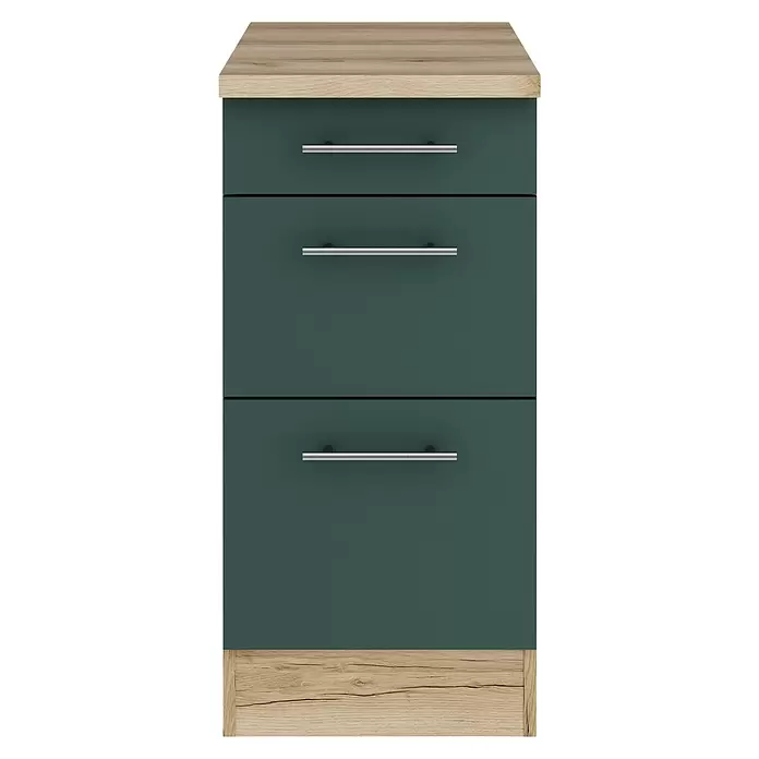 Optifit Savona405 Unterschrank - 60 x 40 x 84,8 cm, Steingrün, Mit 1 Schubkasten und 2 Auszügen - Dunkelgrüne Kommode mit drei Schubladen, heller Holzoptik oben und unten sowie silbernen Griffen.