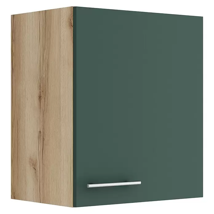 Optifit Savona405 Hängeschrank - 34,6 x 50 x 57,6 cm, Steingrün - Wandschrank mit heller Holzseitenwand und dunkelgrüner Tür mit silbernem Griff.