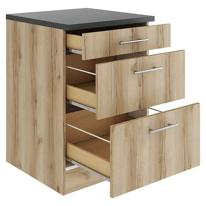 Optifit Livorno290 Unterschrank - 60 x 60 x 84,8 cm, Wildeiche Nachbildung, M 1 Schubkasten und 2 Auszügen - Heller Unterschrank in Eichenoptik mit dunkelgrauer Arbeitsplatte und vier teilweise geöffneten Schubladen mit silbernen Griffen.