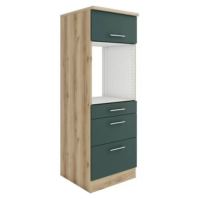 Optifit Savona405 Küchen-Midischrank - 60 x 60 x 174,4 cm, Steingrün, Für Backofen mit 1 Klappe, 1 Schubkasten und 1 Tür - Hoher Küchenschrank mit heller Holzoptik, dunkelgrünem Oberschrank, offener Mittelablage und drei dunkelgrünen Schubladen.