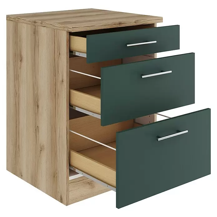 Optifit Savona405 Unterschrank - 60 x 60 x 84,8 cm, Steingrün, M 1 Schubkasten und 2 Auszügen - Holzschrank mit dunkelgrünen Schubladenfronten und silbernen Griffen, drei Schubladen sind teilweise geöffnet.