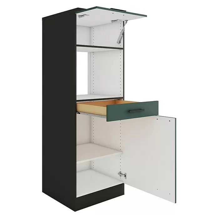 Optifit Verona405 Midischrank - 60 x 60 x 174,4 cm, Steingrün, Für Mikrowelle mit 1 Klappe, 1 Schubkasten und 1 Tür - Hoher dunkelgrauer Schrank mit offenem weißen Innenraum, Klapptür oben, teilweise geöffneter dunkelgrüner Schublade und offener Tür unten.