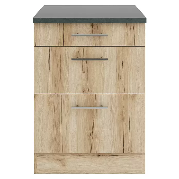 Optifit Livorno290 Unterschrank - 60 x 60 x 84,8 cm, Wildeiche Nachbildung, M 1 Schubkasten und 2 Auszügen - Holzschrank mit drei Schubladen, heller Holzmaserung, silbernen Griffen und dunkelgrauer Arbeitsplatte.