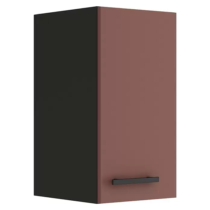 Optifit Nizza407 Hängeschrank - 34,6 x 30 x 57,6 cm, Rostrot - Hoher, schmaler Küchenwandschrank mit brauner Front und schwarzer Seitenwand, ausgestattet mit einem horizontalen schwarzen Griff.