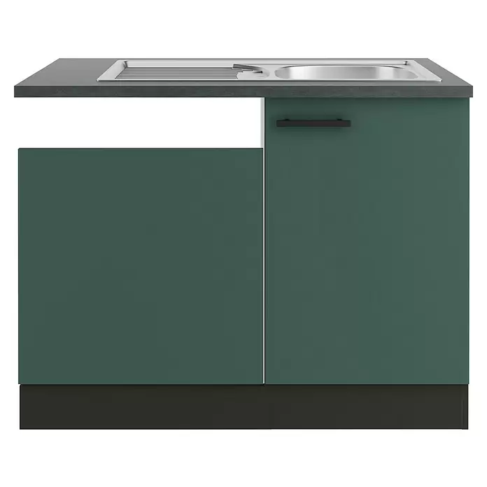 Optifit Verona405 Spülenunterschrank - 60 x 110 x 84,8 cm, Steingrün, Mit Blende 60 cm für teilintegrierten Geschirrspüler - Dunkelgrüner Küchenspülenschrank mit dunkelgrauer Arbeitsplatte, integriertem Edelstahlspülbecken und schwarzem Griff.