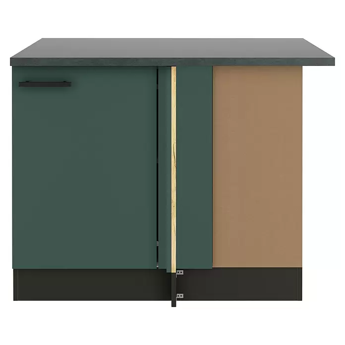 Optifit Verona405 Eck-Unterschrank für Eck Typ 1 - 60 x 110 x 84,8 cm, Steingrün - Dunkelgrüner Küchenunterschrank mit dunkelgrauer Arbeitsplatte und schwarzem Griff. Mit vertikalem Holzdekor.