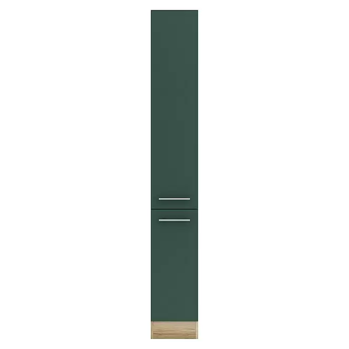 Optifit Savona405 Apotheker-Hochschrank - 60 x 30 x 206,8 cm, Steingrün - Hohe dunkelgrüne Kühlschranktür mit zwei silbernen Griffen und hellem Holzsockel.