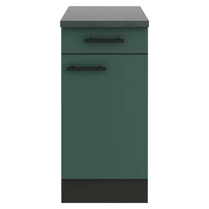 Optifit Verona405 Unterschrank - 60 x 40 x 84,8 cm, Steingrün, Mit 1 Schubkasten und 1 Tür - Dunkelgrüner Küchenunterschrank mit grauer Arbeitsplatte und schwarzen Griffen.
