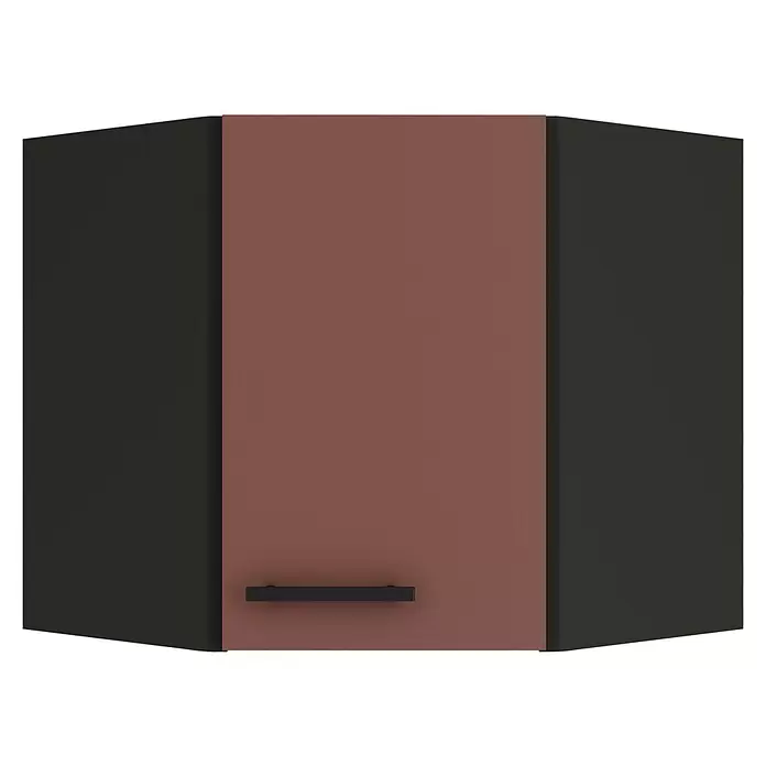 Optifit Nizza407 Küchen-Eck-Hängeschrank - 34,6 x 60 x 57,6 cm, Rostrot - Eckhängeschrank mit rotbrauner Tür und dunkelgrauen Seiten, mit schwarzem Griff.