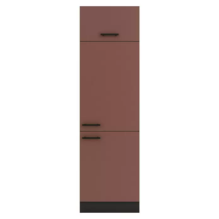Optifit Nizza407 Kühlumbauschrank - B x T x H: 60 x 60 x 206,8 cm, Rostrot, Mit 1 Klappe und 2 Türen mit Nische für Kühlschrank 88 cm - Rotbraune Küchenfronten mit schwarzen Griffen und Sockelleiste.