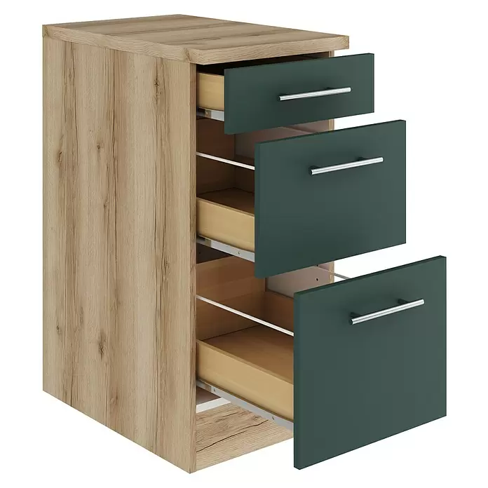 Optifit Savona405 Unterschrank - 60 x 40 x 84,8 cm, Steingrün, Mit 1 Schubkasten und 2 Auszügen - Hellbraune Kommode mit drei dunkelgrün-grauen Schubladen und silbernen Griffen. Zwei Schubladen sind geöffnet.
