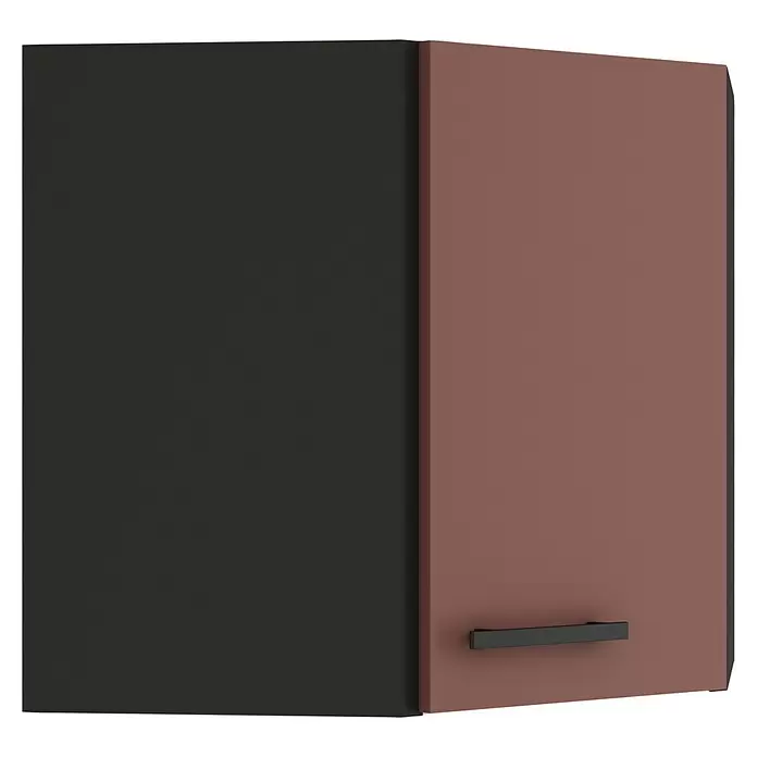 Optifit Nizza407 Küchen-Eck-Hängeschrank - 34,6 x 60 x 57,6 cm, Rostrot - Zweifarbiger Küchenhängeschrank mit dunkelgrauer Seite und rotbrauner Tür mit schwarzem Griff.