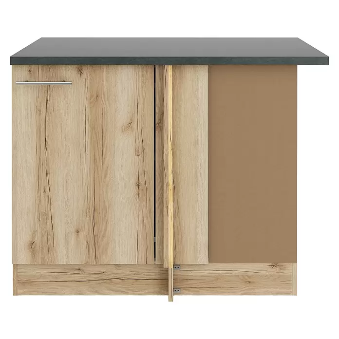 Optifit Livorno290 Eck-Unterschrank für Eck Typ 1 - 60 x 110 x 84,8 cm, Wildeiche Nachbildung - Heller Unterschrank mit Holzmaserung und dunkelgrauer Arbeitsplatte, teilweise geöffnet.