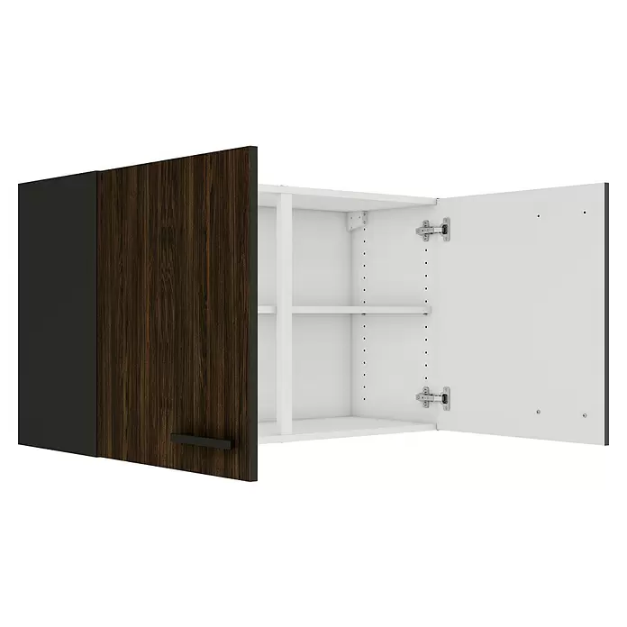 Optifit OPTIkult Hängeschrank Rimini409 - 34,6 x 100 x 57,6 cm, Rillendekor Nussbaum - Offener Hängeschrank mit dunkler Holzmaserungstür, dunkelgrauer Seite und weißem Innenraum mit Regalböden.