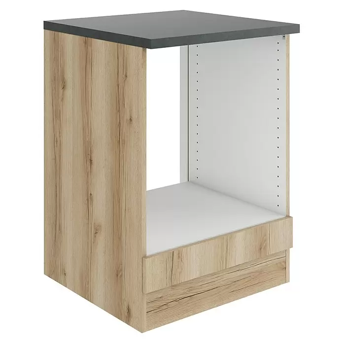 Optifit Livorno290 Herdumbauschrank - 60 x 60 x 84,8 cm, Wildeiche Nachbildung - Heller Holzoptik-Küchenunterschrank für Einbaugeräte mit grauer Arbeitsplatte und weißem Innenraum.