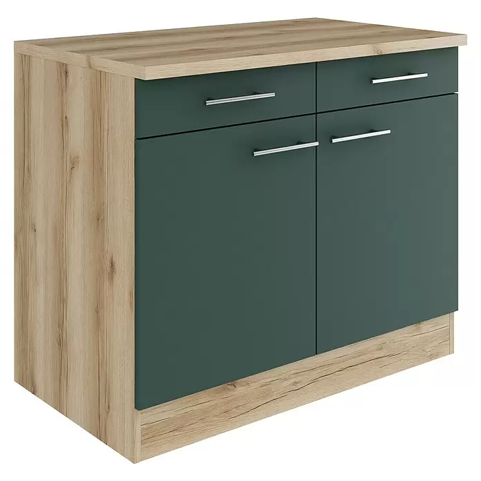 Optifit Savona405 Unterschrank - 60 x 100 x 84,8 cm, Steingrün, Mit 2 Schubkästen und 2 Türen - Zweitüriger, zweischubiger Schrank mit heller Holzplatte und Seiten, sowie dunkelgrünen Fronten mit silbernen Griffen.
