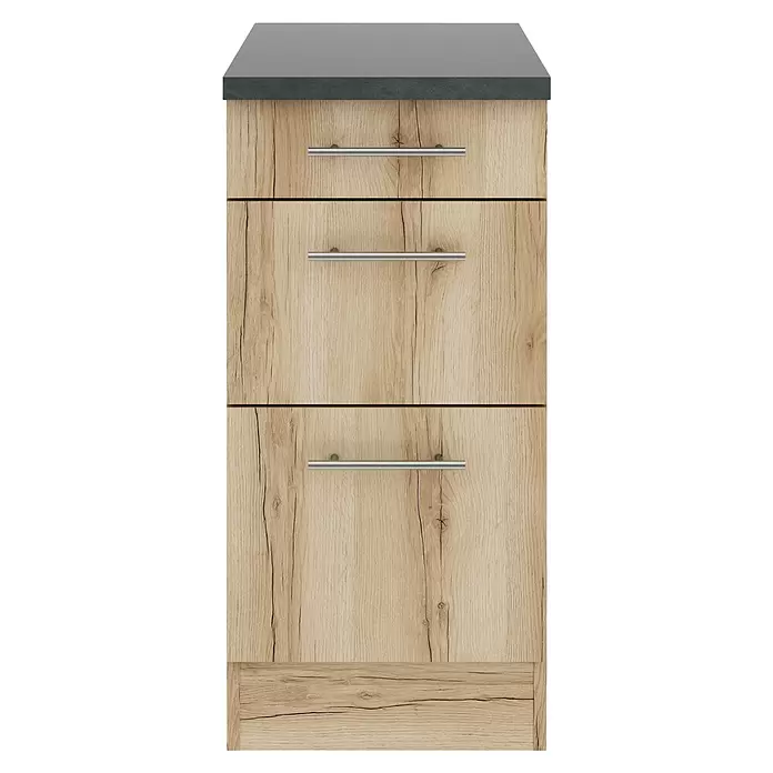 Optifit Livorno290 Unterschrank - 60 x 40 x 84,8 cm, Wildeiche Nachbildung, Mit 1 Schubkasten und 2 Auszügen - Dreischübiger Holzschrank mit grauer Platte und silbernen Griffen.