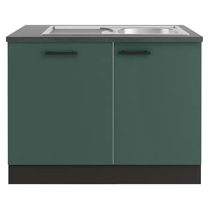 Optifit Verona405 Spülenunterschrank - 60 x 110 x 84,8 cm, Steingrün, Mit Blende 60 cm für vollintegrierten Geschirrspüler - Dunkelgrüner Spülunterschrank mit grauer Arbeitsplatte und integrierter Metallspüle. Zwei Türen mit schwarzen Griffen.