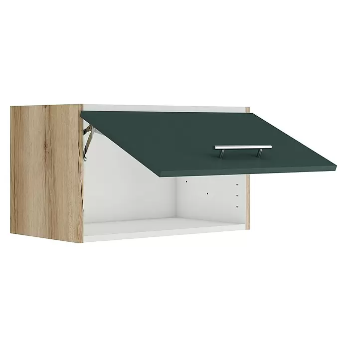 Optifit Savona405 Hängeschrank - 34,6 x 60 x 35,2 cm, Steingrün - Offener Oberschrank mit dunkelgrüner Klapptür, silbernem Griff und heller Holzseitenwand. Weiße Innenausstattung.