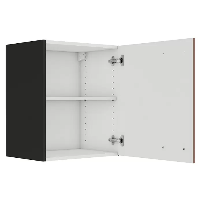 Optifit Nizza407 Hängeschrank - 34,6 x 50 x 57,6 cm, Rostrot - Offener Schrank mit weißem Innenraum, schwarzer Seitenwand, verstellbarem Regal und silbernen Scharnieren.