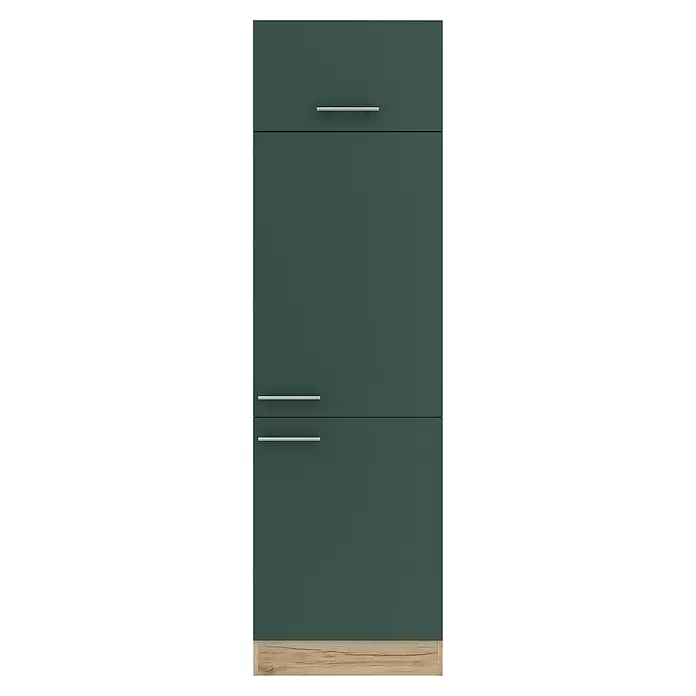 Optifit Savona405 Geräteumbauschrank - 60 x 60 x 206,8 cm, Steingrün, Mit 1 Klappe und 2 Türen mit Nische für Kühlschrank 88 cm - Dunkelgrüner Schrank mit drei silbernen Griffen und einem hellen Holzsockel.