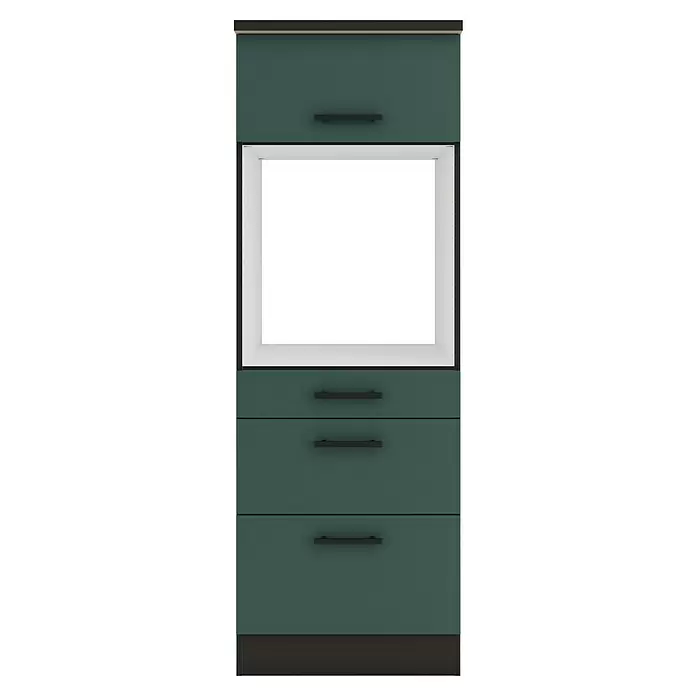 Optifit Verona405 Midischrank - 60 x 60 x 174,4 cm, Steingrün, Für Backofen mit 1 Klappe, 1 Schubkasten und 1 Tür - Moderner tiefgrüner Küchenschrank mit offener Nische für ein Gerät und drei unteren Schubladen, mit schwarzen Griffen.