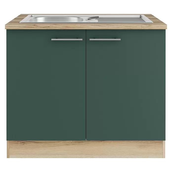 Optifit Savona405 Spülenunterschrank - 60 x 100 x 84,8 cm, Steingrün - Dunkelgrüner Küchenunterschrank mit heller Holzplatte, integrierter Edelstahlspüle und Stangengriffen.