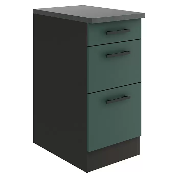 Optifit Verona405 Küchen-Unterschrank - 60 x 40 x 84,8 cm, Steingrün, Mit 1 Schubkasten und 2 Auszügen - Dunkelpetrolfarbener Küchenunterschrank mit drei Schubladen, dunkelgrauer Arbeitsplatte und schwarzen Griffen.