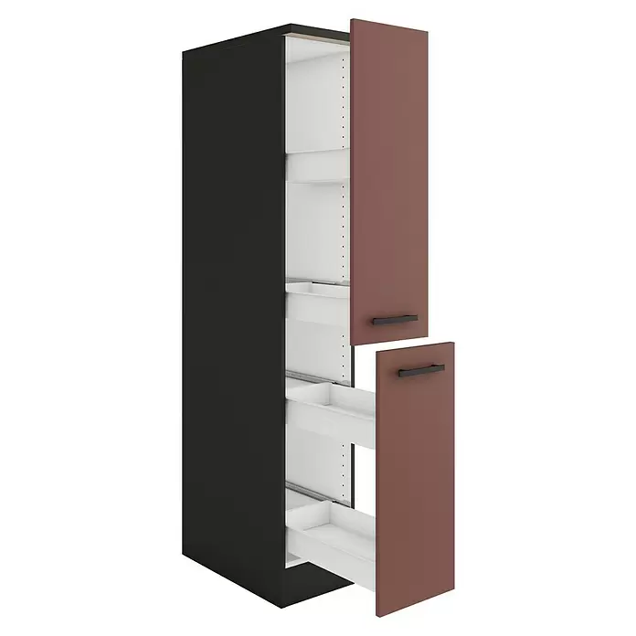 Optifit Nizza407 Küchen-Midischrank - 60 x 30 x 174,4 cm, Rostrot - Hoher, dunkler Schrank mit rötlich-braunen geöffneten Türen und drei weißen Auszugsschubladen.
