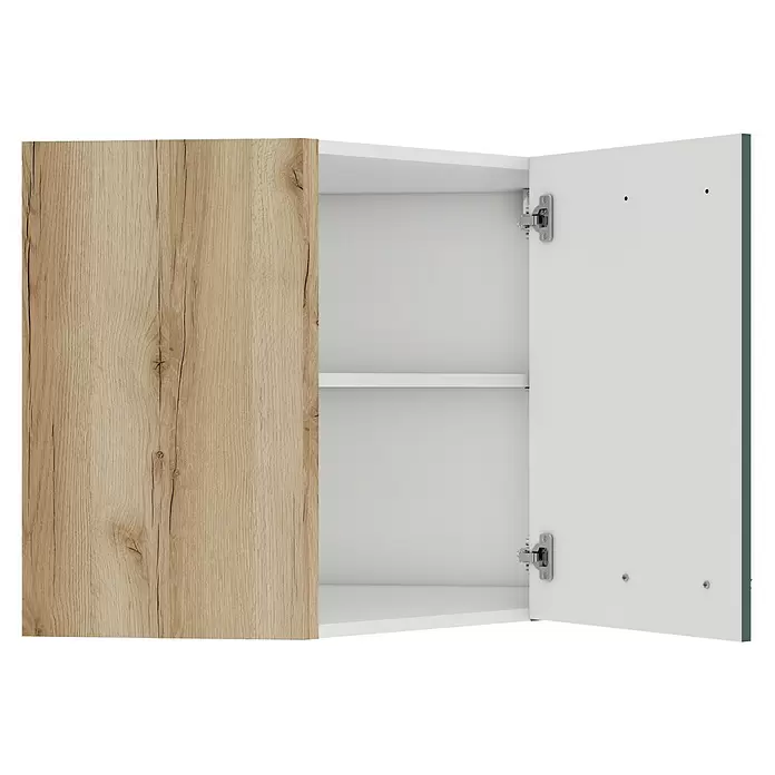 Optifit Savona405 Eck-Hängeschrank - 34,6 x 60 x 57,6 cm, Steingrün - Zweitüriger Wandschrank mit geschlossener Holztür und offener weißer Tür, Innenraum und Regal sind weiß.