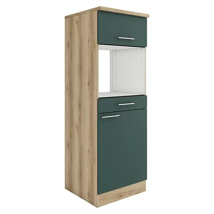 Optifit Savona405 Küchen-Midischrank - 60 x 60 x 174,4 cm, Steingrün, Für Mikrowelle mit 1 Klappe, 1 Schubkasten und 1 Tür - Hoher Küchenschrank in heller Holzoptik und dunkelgraugrün, mit Oberschrank, offenem Mikrowellenfach, Schublade und Unterschrank mit silbernen Griffen.
