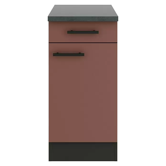 Optifit Nizza407 Unterschrank - 60 x 40 x 84,8 cm, Rostrot, Mit 1 Schubkasten und 1 Tür - Rotbrauner Schrank mit dunkelgrauer Arbeitsplatte und Sockel, einer Schublade und einer Tür mit schwarzen Griffen.