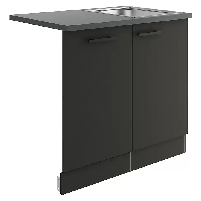 Optifit Madrid420 Spülenunterschrank - 60 x 90 x 84,8 cm, Anthrazit Matt, Mit Blende 45 cm für vollintegrierten Geschirrspüler - Dunkelgrauer modularer Küchenunterschrank mit zwei Türen, grauer Arbeitsplatte und Edelstahlspüle, mit verlängerter Theke.