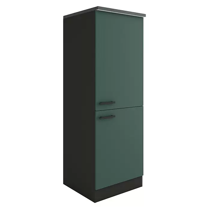 Optifit Verona405 Midischrank - 60 x 60 x 174,4 cm, Steingrün, Mit 2 Türen und Arbeitsplatte für Kühlschrank 88 cm - Hoher dunkelgrüner Schrank mit zwei Türen und dunklen Griffen, mit dunkelgrauen Seiten, Oberteil und Sockel.