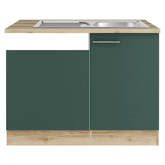 Optifit Savona405 Spülenunterschrank - 60 x 110 x 84,8 cm, Steingrün, Mit Blende 60 cm für teilintegrierten Geschirrspüler - Küchenunterschrank mit heller Holzplatte, integrierter Spüle aus Silber, dunkelgrünen Türen und hellem Holzsockel.