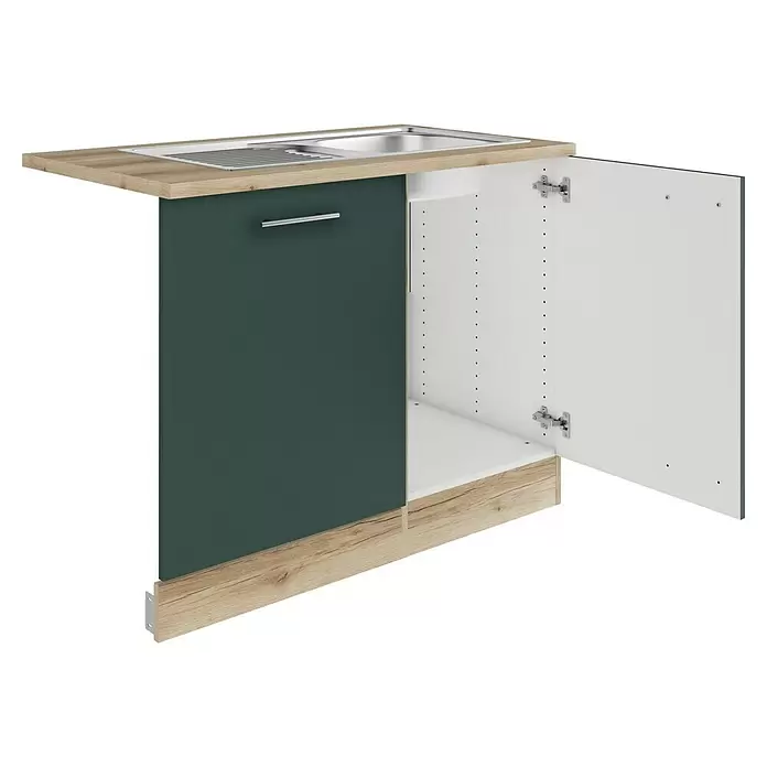 Optifit Savona405 Spülenunterschrank - 60 x 110 x 84,8 cm, Steingrün, Mit Blende 60 cm für vollintegrierten Geschirrspüler - Dunkelgrüner Küchenunterschrank mit heller Holzoptik-Arbeitsplatte und offener Tür, mit integrierter Edelstahlspüle und Griff.