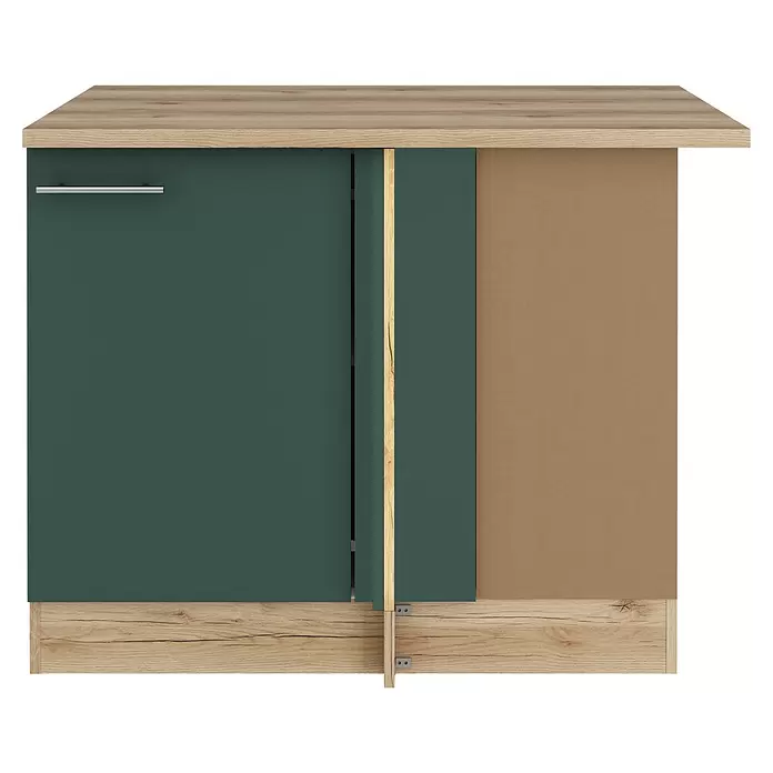 Optifit Savona405 Eck-Unterschrank für Eck Typ 1 - 60 x 110 x 84,8 cm, Steingrün - Küchenunterschrank mit heller Holzplatte und -sockel, dunkelgrüner Schiebetür, silbernem Griff und brauner Innenplatte.