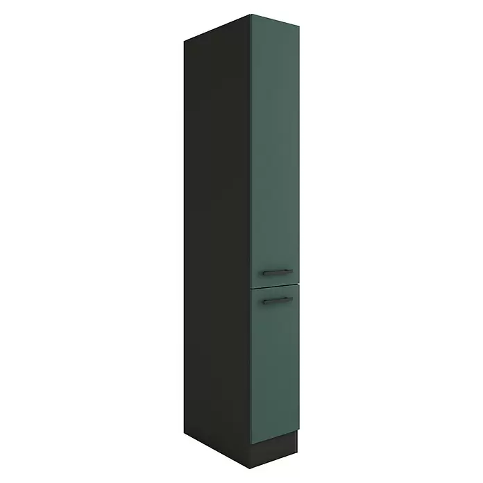 Optifit Verona405 Apotheker-Hochschrank - 60 x 30 x 206,8 cm, Steingrün - Hoher Aufbewahrungsschrank mit dunkelgrauer Seite und dunkelgrüner Front, mit zwei Fächern und schwarzen Griffen.