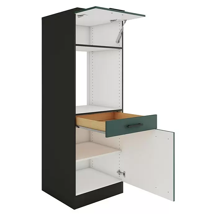 Optifit Verona405 Midischrank - 60 x 60 x 174,4 cm, Steingrün, Für Backofen und Kühlschrank 88 cm mit 1 Tür und Arbeitsplatte - Hoher, dunkelgrauer Küchenschrank mit weißem Innenraum, Klapptür, zwei offenen Fächern, dunkelgrüner Schublade und Bodentür.
