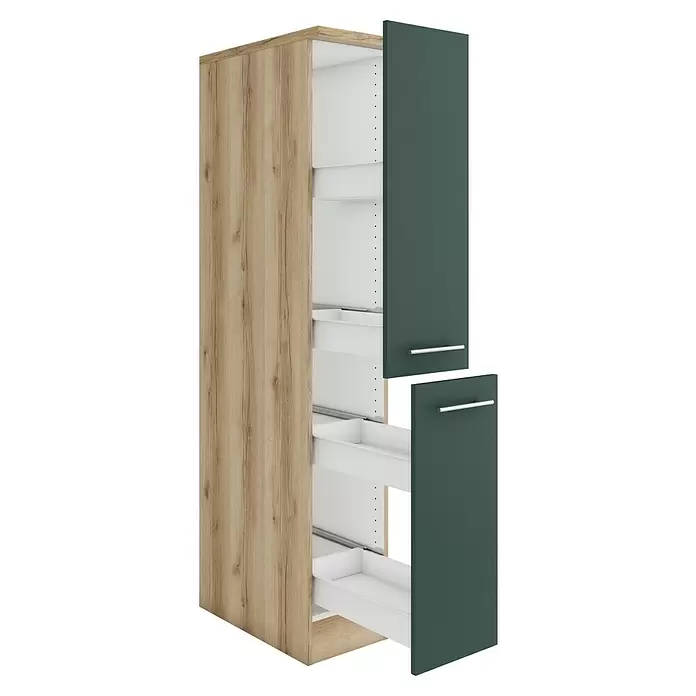 Optifit Savona405 Midischrank - 60 x 30 x 174,4 cm, Steingrün - Hoher Holzschrank mit dunkelgrauen Schubladenfronten, mehrere weiße Schubladen offen.
