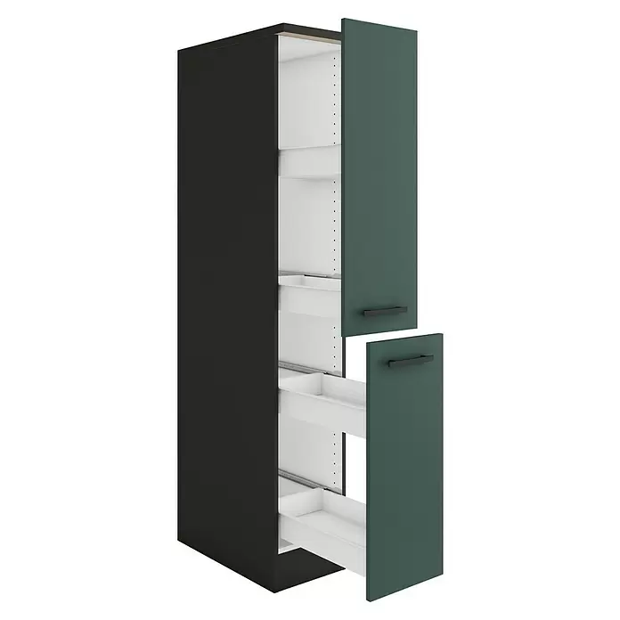 Optifit Verona405 Midischrank - 60 x 30 x 174,4 cm, Steingrün - Dunkelgrauer Hochschrank mit weißem Innenraum, dunkelgrünen Türen, schwarzen Griffen und Auszügen.